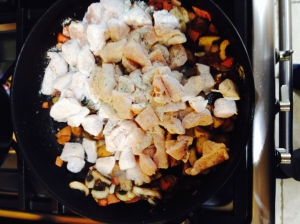 Cook the chicken with the bacon and mushrooms until the chicken begins to colour