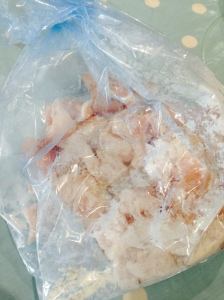 Shake the chicken, flour and thyme in a freezer bag